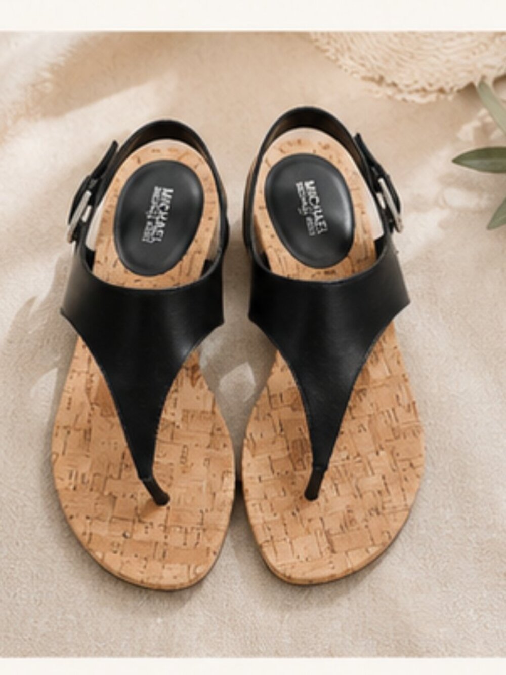 Michael Kors Cork Block Heel Sandals NWOT Black Leather Toe Ring Slingback 7